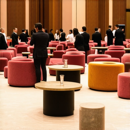 A high-end ballroom setup designed for networking with varied furniture heights and open floor space.
