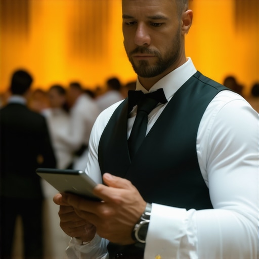 Event manager using a tablet to synchronize server tasks during a high-end corporate gala.
