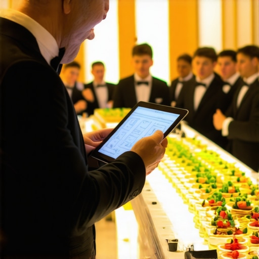 Catering lead using a tablet to manage server flow at a high-end corporate event.