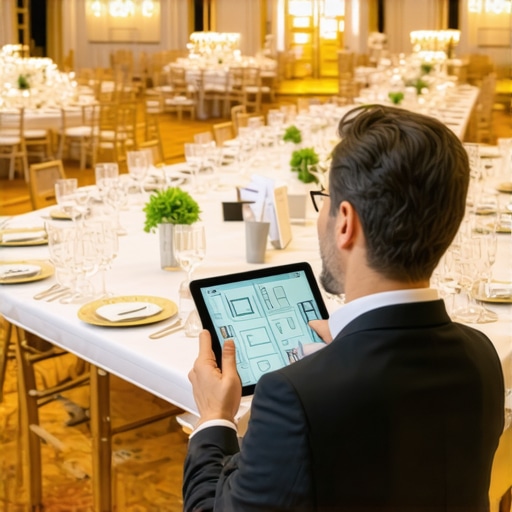 Modern Digital Event Planning Tools Event planner using 3D floor planning software on a tablet for a large ballroom event.