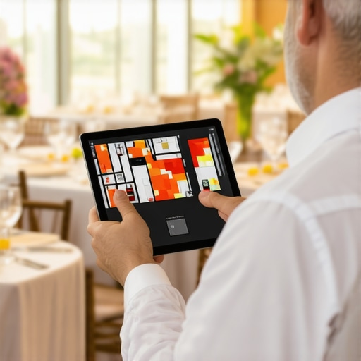 Modern Digital Event Planning and Flow Analysis Catering manager using a digital tablet for floor plan optimization and heat mapping.