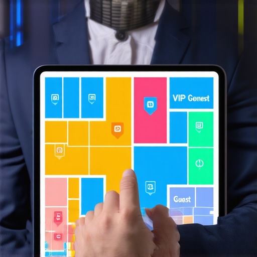A digital tablet displaying an interactive floor plan for professional event catering coordination