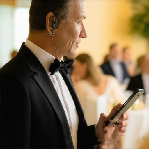 An event manager using a tablet and earpiece for catering logistics