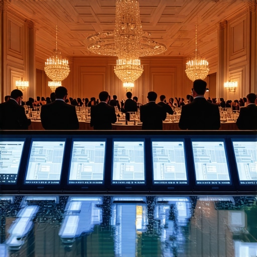 Modern Event Communication Tools A view from an event control booth showing digital scripts and a ballroom during a gala.