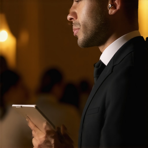 Event planner using a tablet and headset to coordinate a high-end gala.