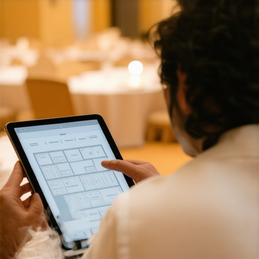 An event planner managing digital floor plans on a tablet in a ballroom