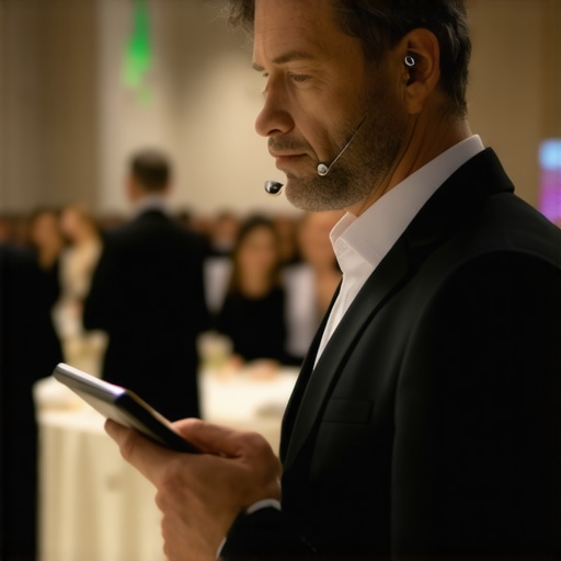 Event planner using digital tools and silent communication at a corporate gala