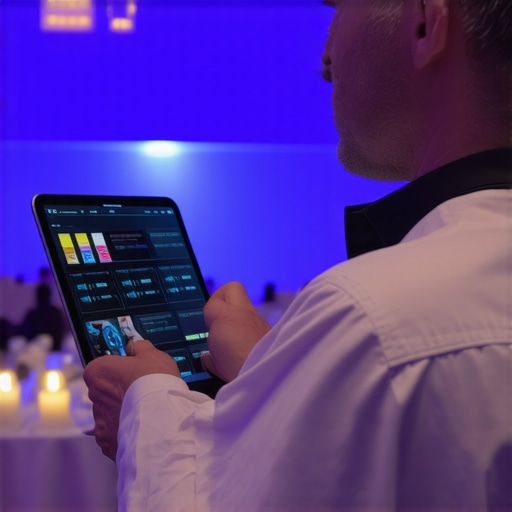 Modern Event Logistics and Acoustic Monitoring An event coordinator using a tablet to manage high-end catering and sound levels at a gala.