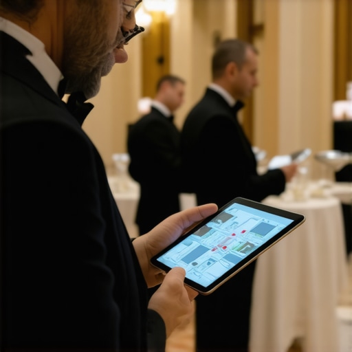 A professional event manager using digital tools to coordinate a high-end catering team in a ballroom.