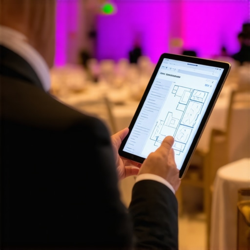 An event manager using digital tools to coordinate logistics and server movement for a corporate gala.