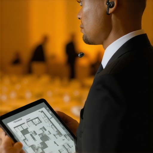 Modern Event Management Technology Event manager using a digital tablet and headset to coordinate catering staff during a gala.