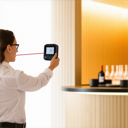Modern Event Planning Tools A professional using a laser measurer to ensure perfect layout in a VIP lounge.