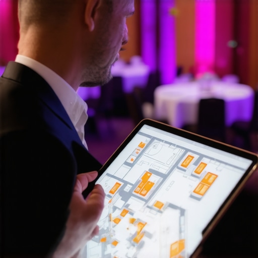 Modern Event Planning with 3D Floor Plan Technology Event planner using a tablet to manage a digital 3D ballroom floor plan and server logistics.