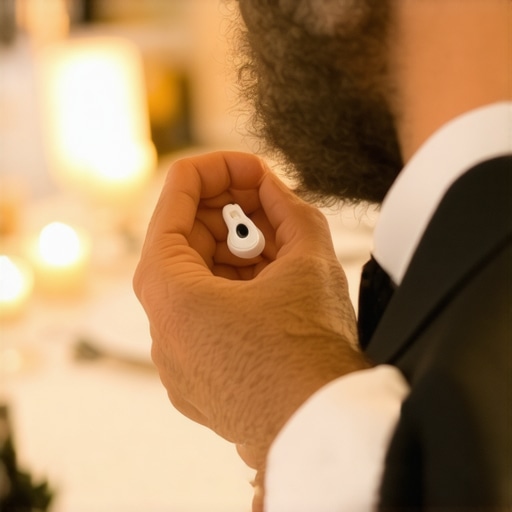 Modern Hospitality Communication Tools Professional server using a discrete earpiece for team communication during a luxury corporate event.