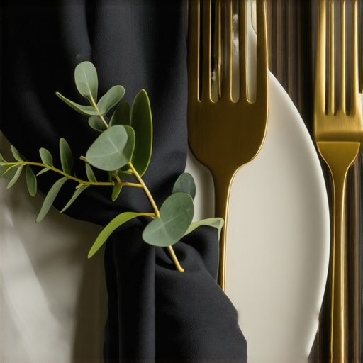 A high-quality textured linen napkin and gold silverware on a dinner plate.