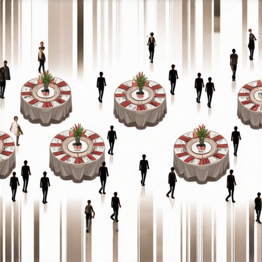 A professional catering layout showing double-sided buffet stations in a large ballroom to improve guest flow.