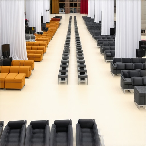 A modern corporate event space designed for networking with wide aisles and acoustic draping.