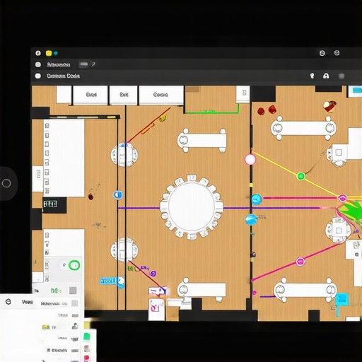 A tablet showing a 3D event floor plan with designated service routes and guest zones.
