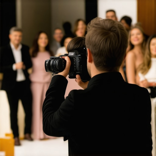 Photography duo coordinating at a corporate event Professional photographers capturing different angles of a corporate networking gala.