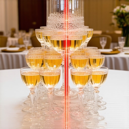 A laser level being used to check the alignment of a multi-tier champagne tower.