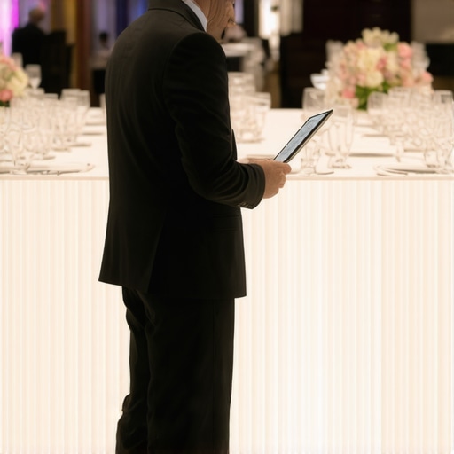 Event coordinator using a laser measure to ensure perfect aisle width in a luxury ballroom.