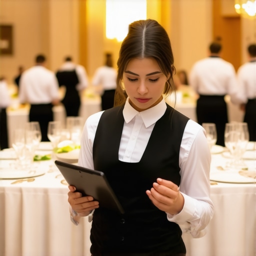 Event planner coordinating staff in a large ballroom to ensure accurate guest seating.