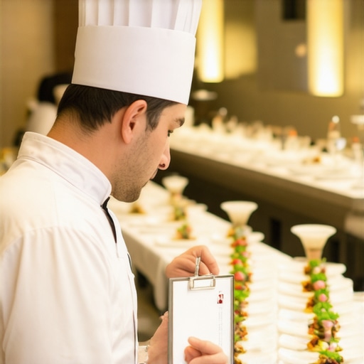 Precision Plating for High-Volume Events A professional catering server inspecting custom dietary plates in a busy event kitchen.