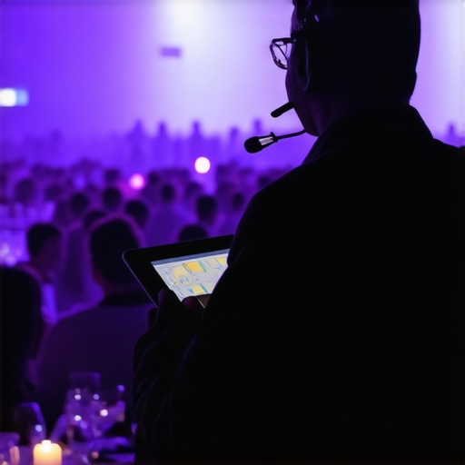 An event coordinator manages the technical run of show from a booth during a large fundraiser.