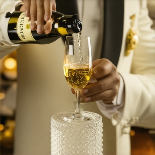 Close-up of a professional server pouring champagne into a crystal tower at a high-end event.