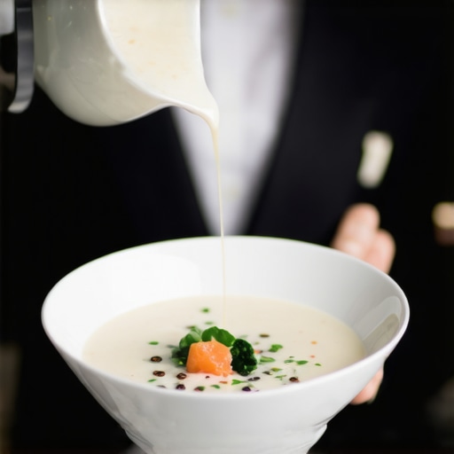 Precision soup service at a luxury event A server performing a controlled pour of soup into a garnished bowl at a formal dinner.