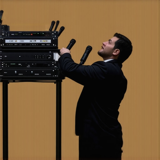An AV technician managing wireless signals above a crowded event floor to prevent interference.