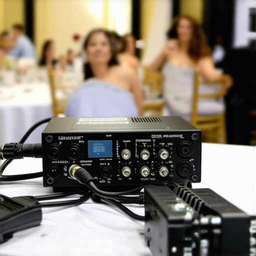 Close-up of a digital field recorder and XLR cables at a corporate gala