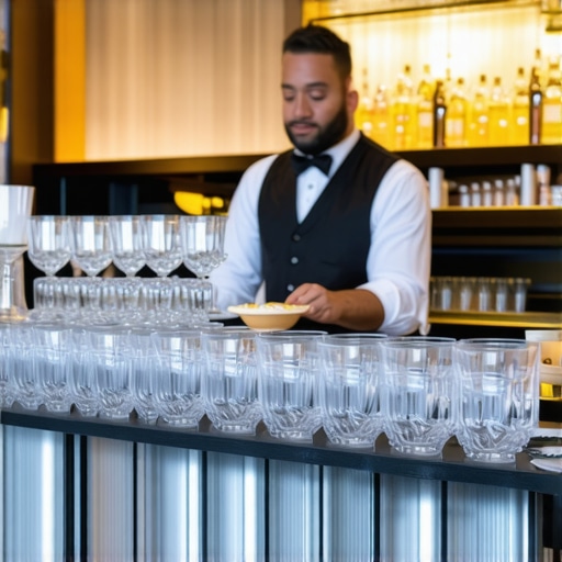 Professional Bar Glassware Organization A row of clean cocktail glasses on a bar with a professional server in the background.