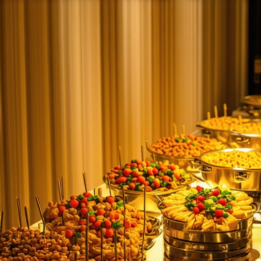Professional Buffet Cross-Lighting Technique Close-up of a buffet table showing the effect of warm cross-lighting on gourmet food presentation.