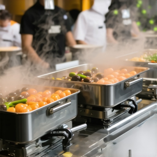 A catering buffet line with steam rising from hot food trays.