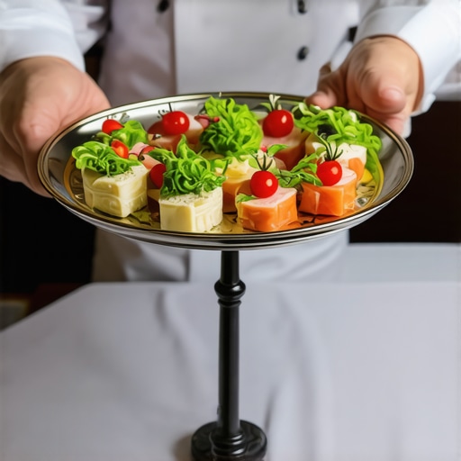 A server maintaining a high-end catering buffet by swapping trays