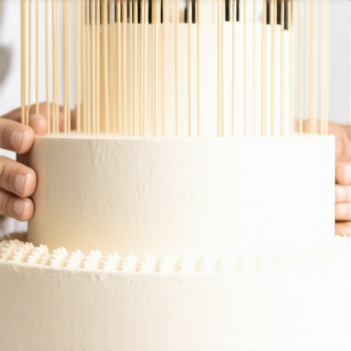 Baker inserting wooden dowels into a tiered wedding cake for structural integrity.