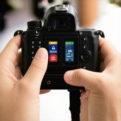 Close-up of a professional camera showing dual memory card slots for data redundancy during an event.