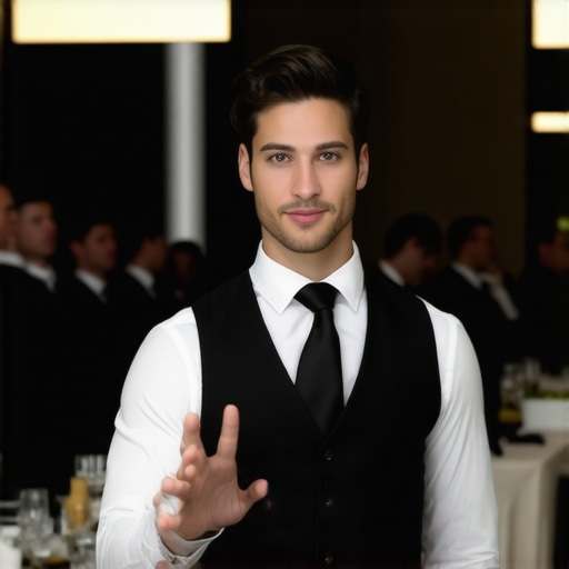 Professional Catering Captain Directing Team A catering lead coordinating a professional server team during a luxury corporate event.