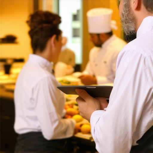 Professional Catering Kitchen Pass Coordination A lead server coordinating food service timing with the chef at a busy event pass.