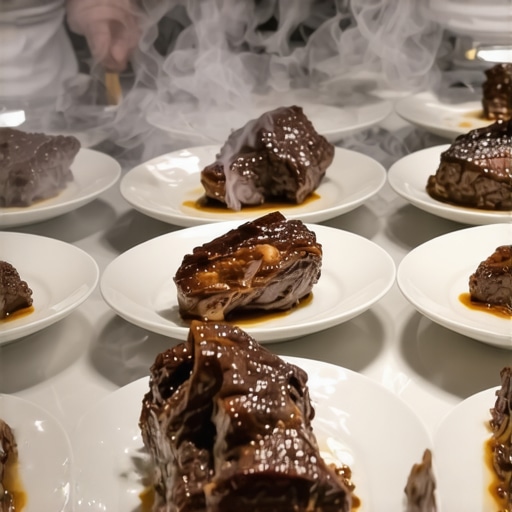 Chefs plating braised short ribs in a high-volume catering environment.