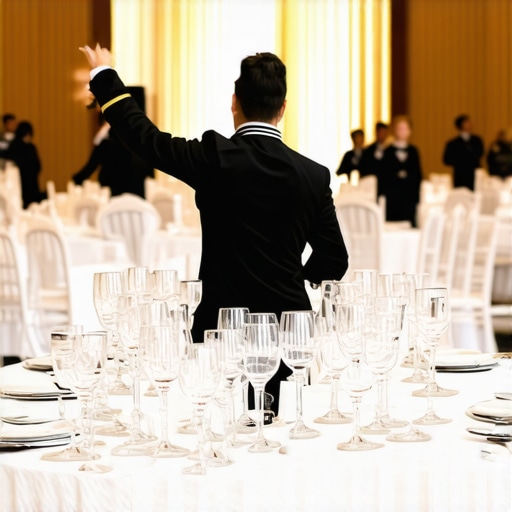 A catering captain coordinating a server team during a high-end corporate gala.
