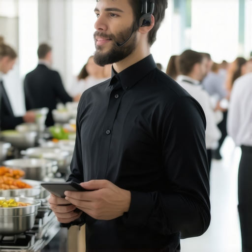 Catering manager coordinating event logistics with a headset and tablet at a high-volume buffet.