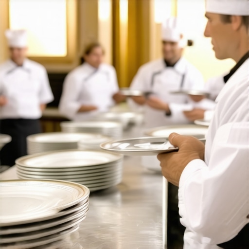 Professional Catering Service Logistics and Timing Servers lining up in a professional kitchen for high-speed plated dinner service during a large event.