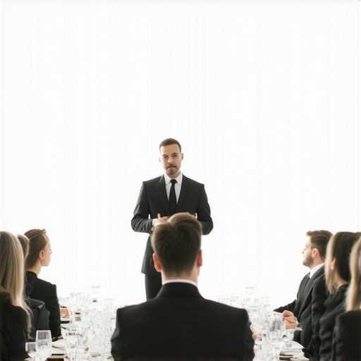 A lead catering manager instructing professional servers before a major corporate event.