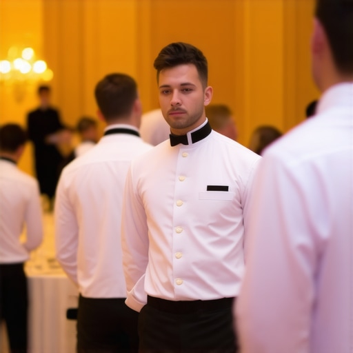 A catering captain leading a server team at a high-end corporate event.