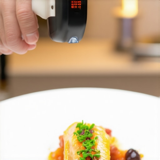 An infrared thermometer checking food temperature at a high-end corporate event.