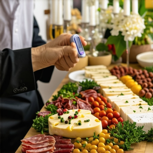 A caterer using a thermometer on a high-end food display.