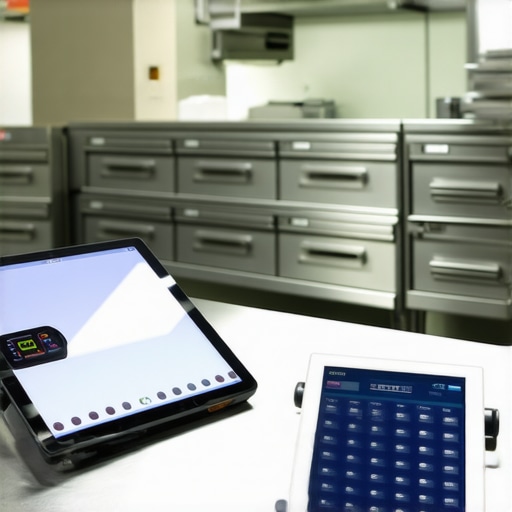 Catering equipment including a tablet with staffing software and an infrared thermometer on a kitchen prep table.