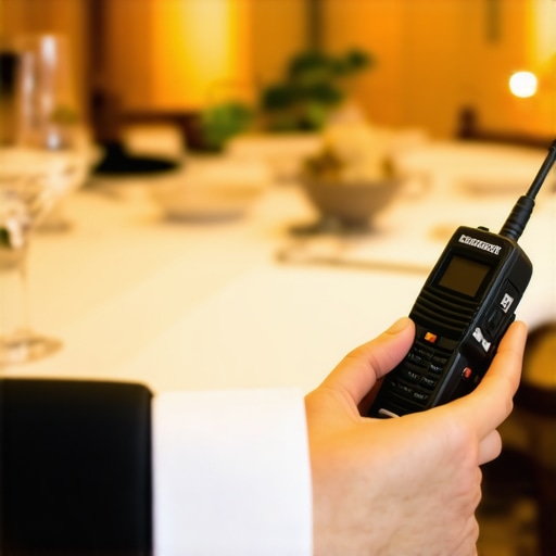 A digital radio and earpiece used by a corporate event manager to coordinate server teams in a busy ballroom.